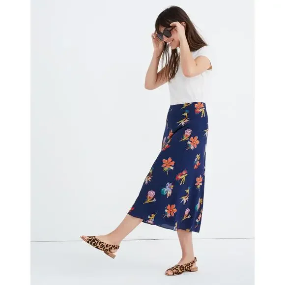 Madewell Atrium Silk Skirt Bird of Paradise Floral Navy Women's 10 Resort Euro - Picture 14 of 16